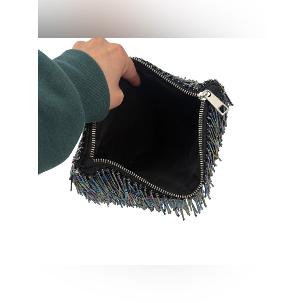 Topshop Beaded Fringe Clutch Multicolor Metallic Evening Zip Bag Chic - Picture 4 of 7